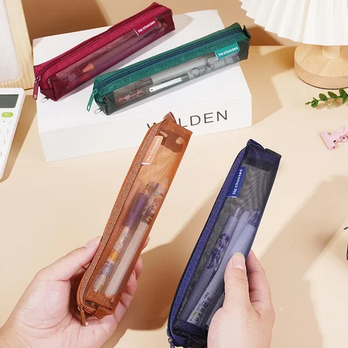 Imagen 2 del producto Estuche de lápices transparente de malla Simple, bolsa de almacenamiento para bolígrafos, bolsa con cremallera, Mini papelería portátil, suministros escolares y de oficina, 1 Uds.