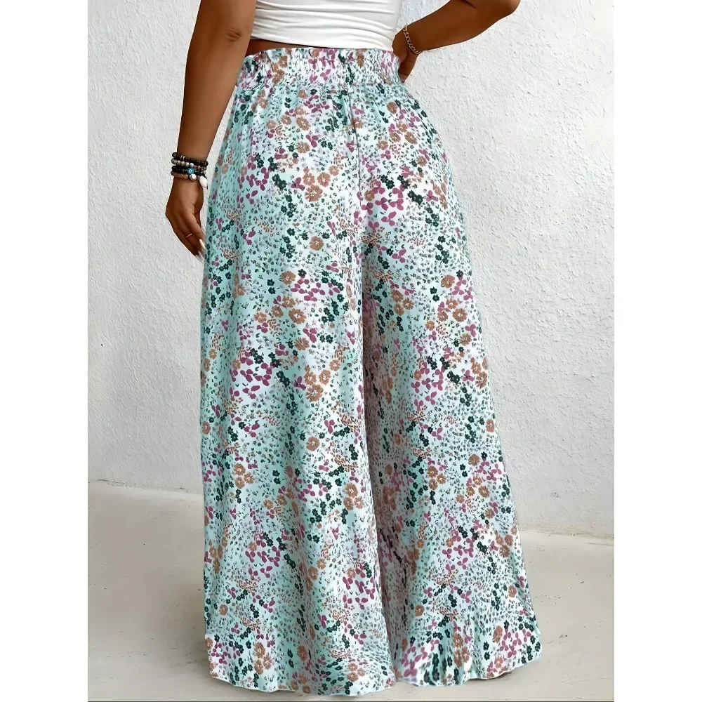 حجم كبير 1XL-5XL المرأة موضة بنطال ذو قصة أرجل واسعة أنثى عادية الأزهار طباعة أنيقة الرباط عالية الخصر فضفاض بنطلون طويل