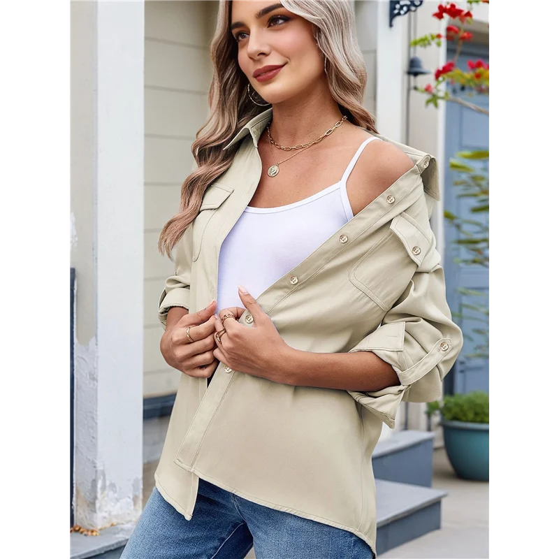 

ABRT-Women Button Down Shirts Casual Long Sleeve V Neck Chambray Blouse Top