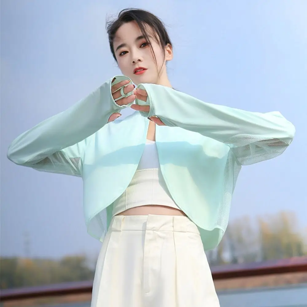 New Solid Color Sunscreen Shawl Long Sleeve Thin Fabric Sun Protection Clothing Ice Silk Breathable Thin Crop Top Sun Protection