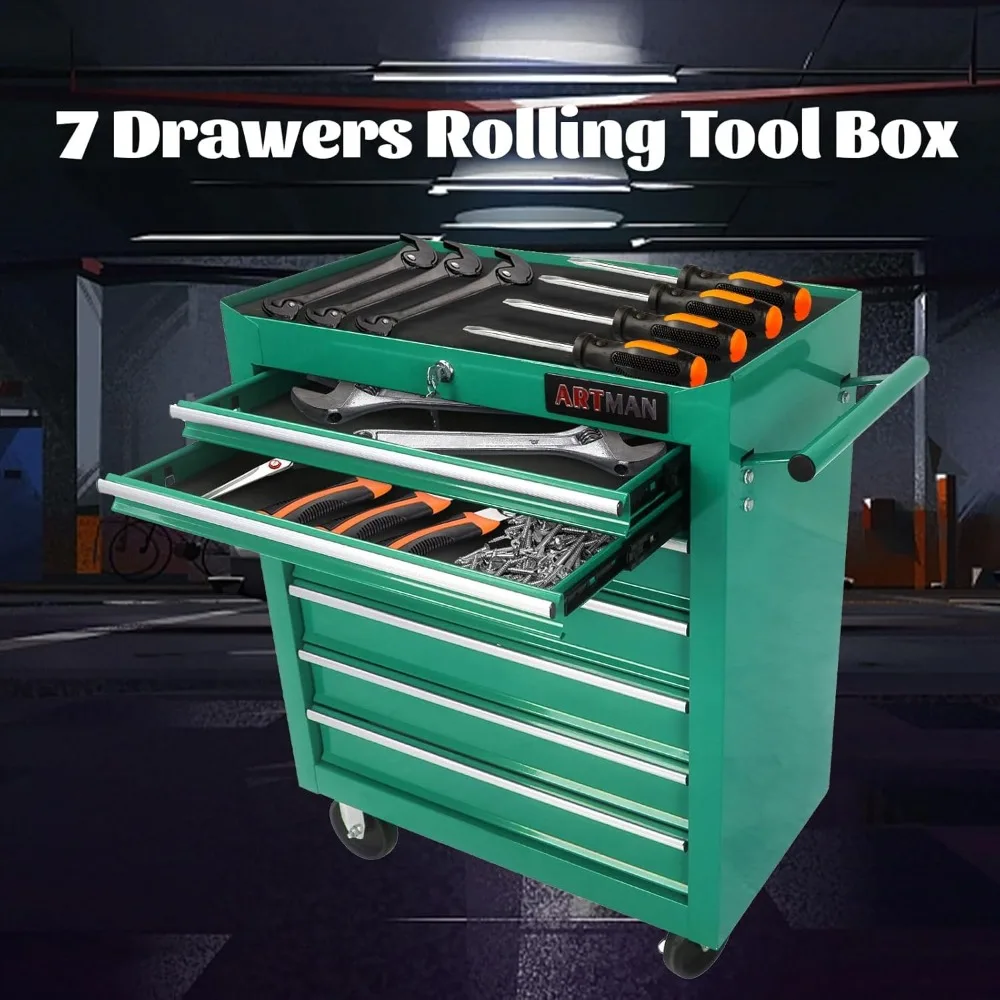 Tool Chest with 7 Drawers, Sturdy Multifunctional Mechanic Tool Storage Cabinet with Lockable Wheels Keys Portable
