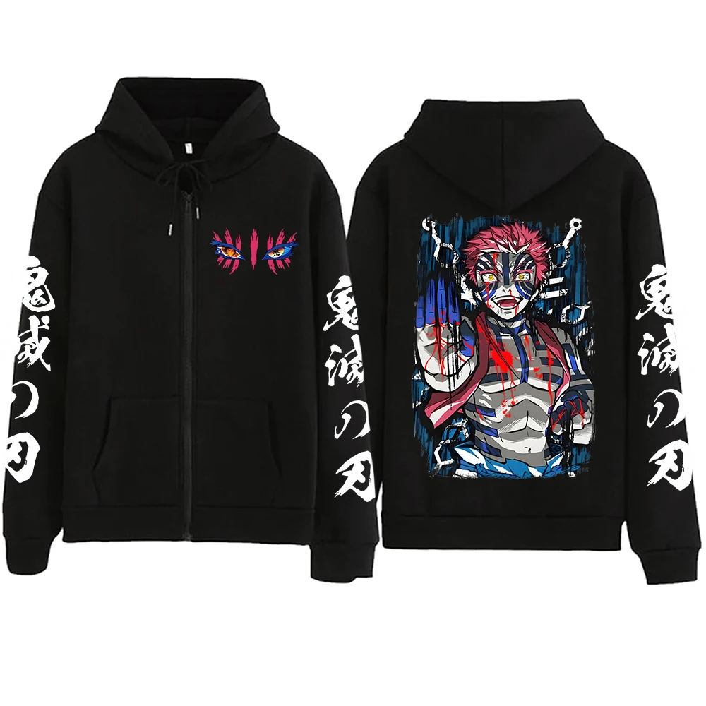 Hoodie Zipper Anime Demon Slayer Infinity Castle Akaza, Hoodie Oversize Harajuku Manga, Hoodie Zip Up Y2k