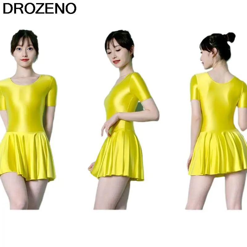 Glossy Silky Dress Short-Sleeve Tights Solid Ballet Dance Dress Practice Skirt Exercise Yoga Clothes Short Sleeve Body Skirt