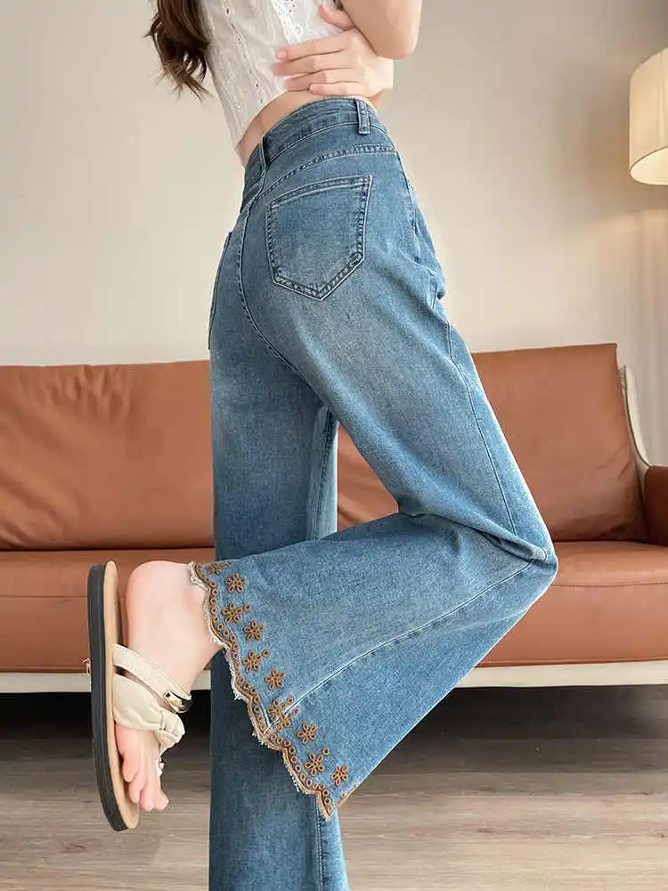 

Chic Floral Embroidered Jeans Women Soft Cowboy Slim Bellbottom Pants Korean Elegant Female High Waist Elastic Denim Trousers