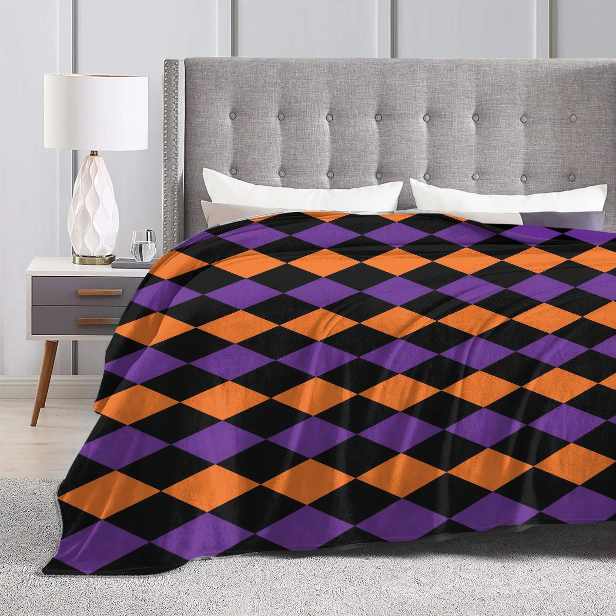 Purple Orange Black Diamond Halloween Blanket  Wool Awesome Warm Throw Blanket for Chair Covering Sofa Summer