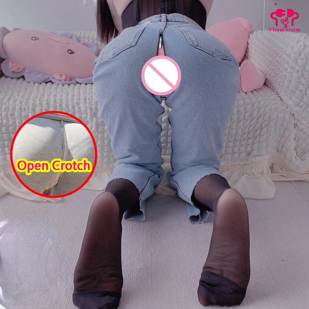 

Woman High Waist Open Crotch Pants Jeans Double Hidden Zippers Crotchless Panties Denim Couple Outdoor Sex Erotic Trousers Girl