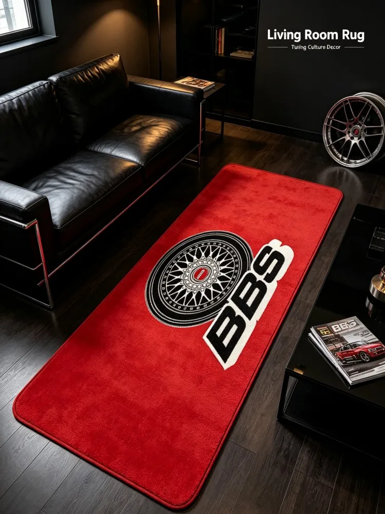 Red BBS Wheel Hub Long Floor Runner Rug Soft Flannel Non‑Slip Carpet Auto Tuning Racing Culture Decor Mat For Garage Bedroom Gam
