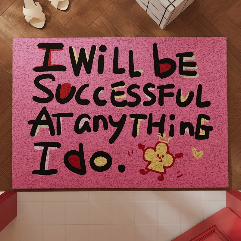 Motivational Quote PVC Coil Doormat, Pink Cute Cartoon Print Dirt Catching Wire Loop Mat Anti-Slip Welcome Mat Home Decor