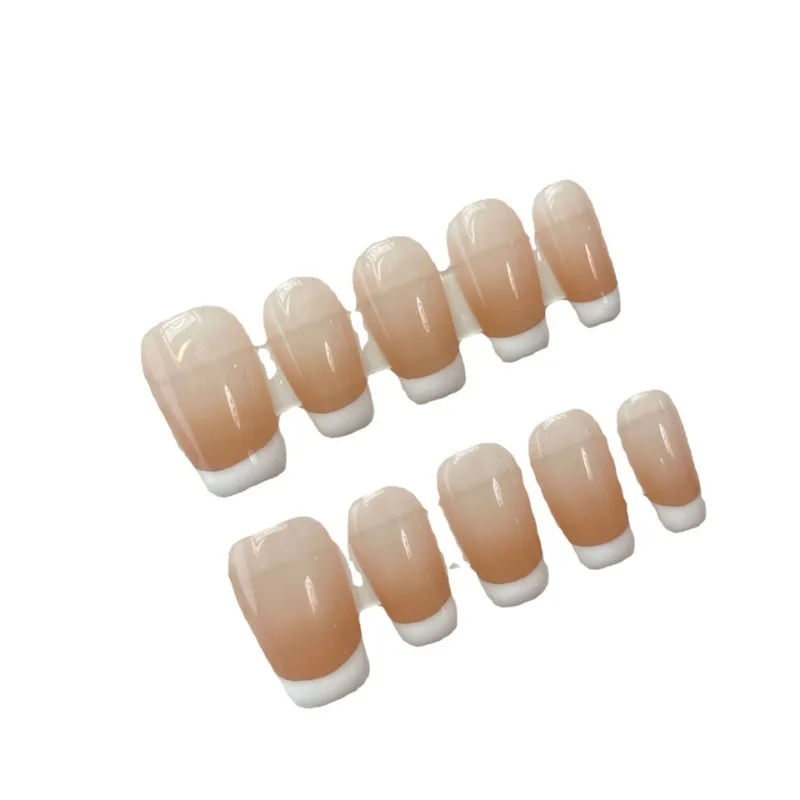 Handmade Coffin Fall Fake Press on Nails with Charms Ballet White French Nude Gradient Short Stick on Nails with Box and Tools