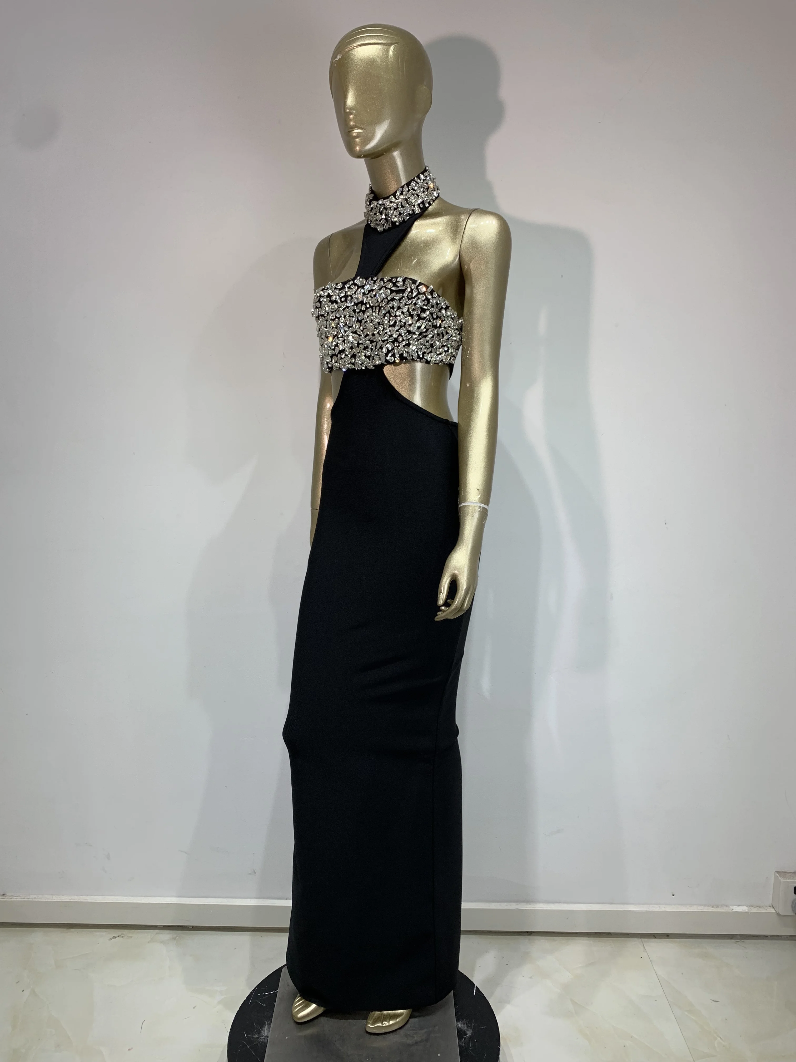 Women Black Halter Crystal Backless Cut Out Long Bandage Dress Birthday Celebrity Evening Club Party One Piece Gala Gowns