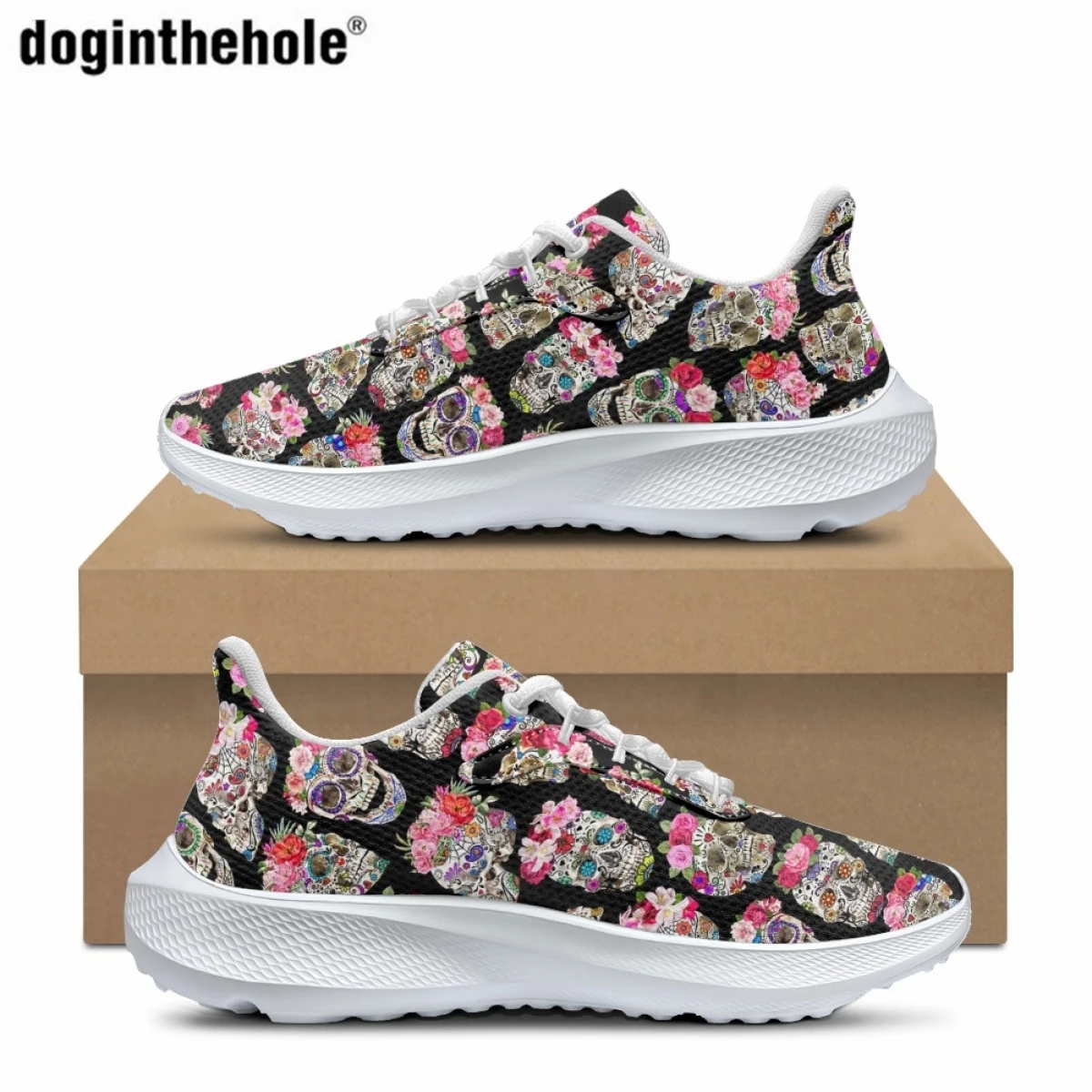 

Doginthehole Classic Skull Rose Print Women's Sneakers Comfort Lace Up Outdoor Sports Shoes Men's Vulcanized Sole Training Shoes