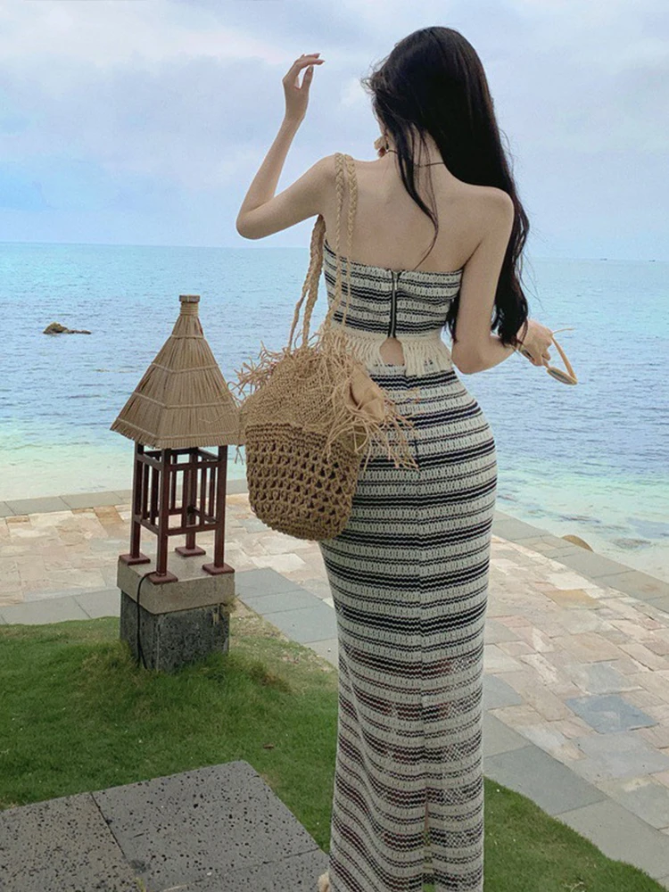 Fashion Knitted Summer Sexy 2 Pieces Outfit Women Striped Chest Wrapped Cropped Tops High Waist Maxi Long Skirt Mujer Slim Set