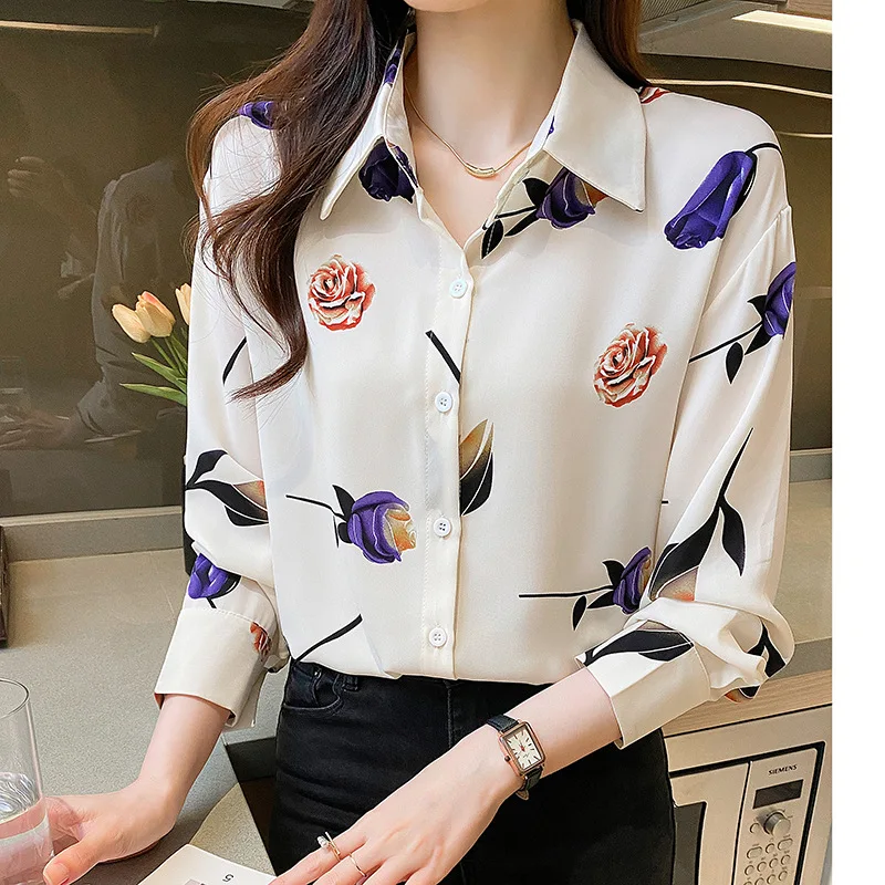 2023 Autumn New Joker Fashion Printed Silk Slim Long Sleeve Lapel Blouse Rarf Women Blouses Summer Short Top Fugees Shirt Tops &