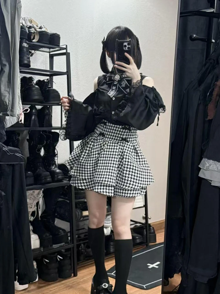 Gótico fora do ombro blusa preta houndstooth saia conjunto feminino y2k harajuku doce punk outfit manga larga superior saia de cintura alta