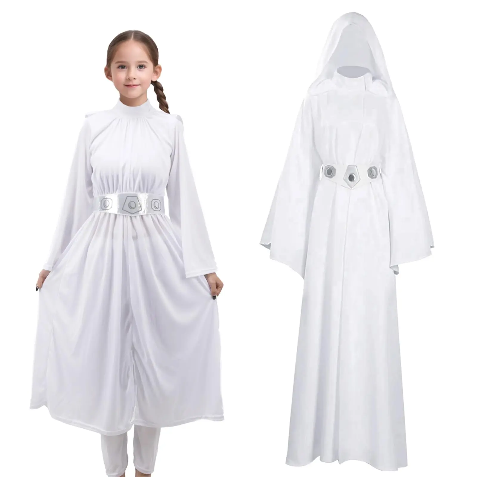 Disfraz de princesa blanca para niñas con cinturón, Túnica blanca con capucha, disfraz de princesa Leia, disfraz de Halloween
