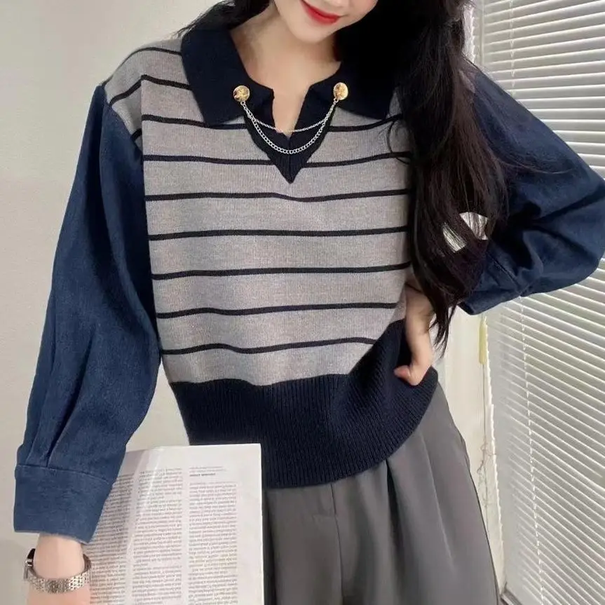 2022 autumn and winter new denim patchwork knitwear lapel stripe casual style sweater women's short top women's fashion