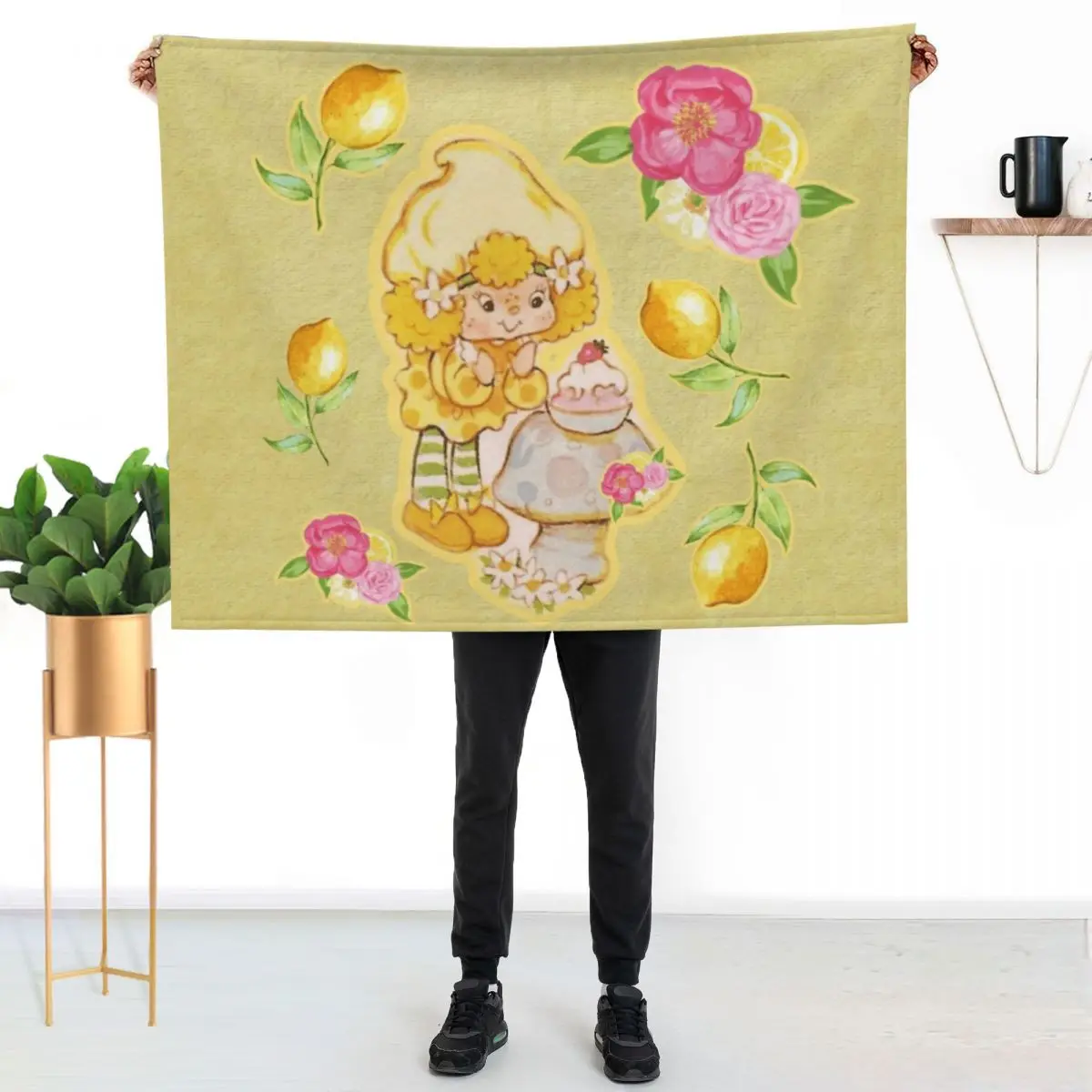 

80s aesthetic lemon mushroom floral yellow canvas Throw Blanket Plush Fuzzy Cozy Blanket for Couch Sofa