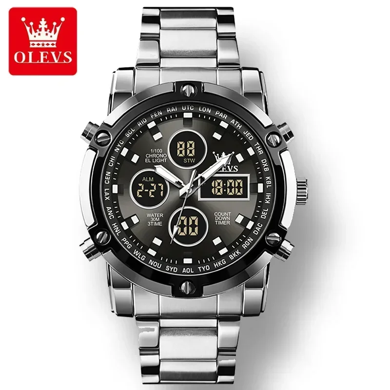 OLEVS 1106 Digital Complication Luxury Watch for Men Sport Stainless Steel Strap Waterproof Men Wristwatch Luminous Alarm