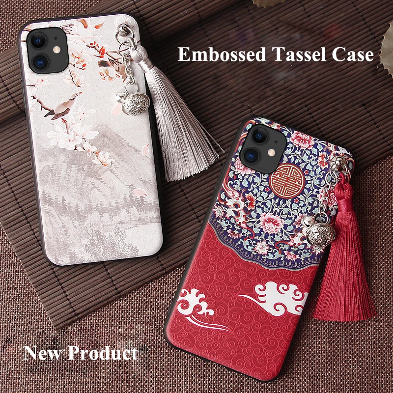 3D Relief Case for iPhone 13 12 11 Pro Max Mini XS XR X 7 8 6S Plus SE 2020 Case Emboss Tassel Bell Anti-knock Soft Cover Shell