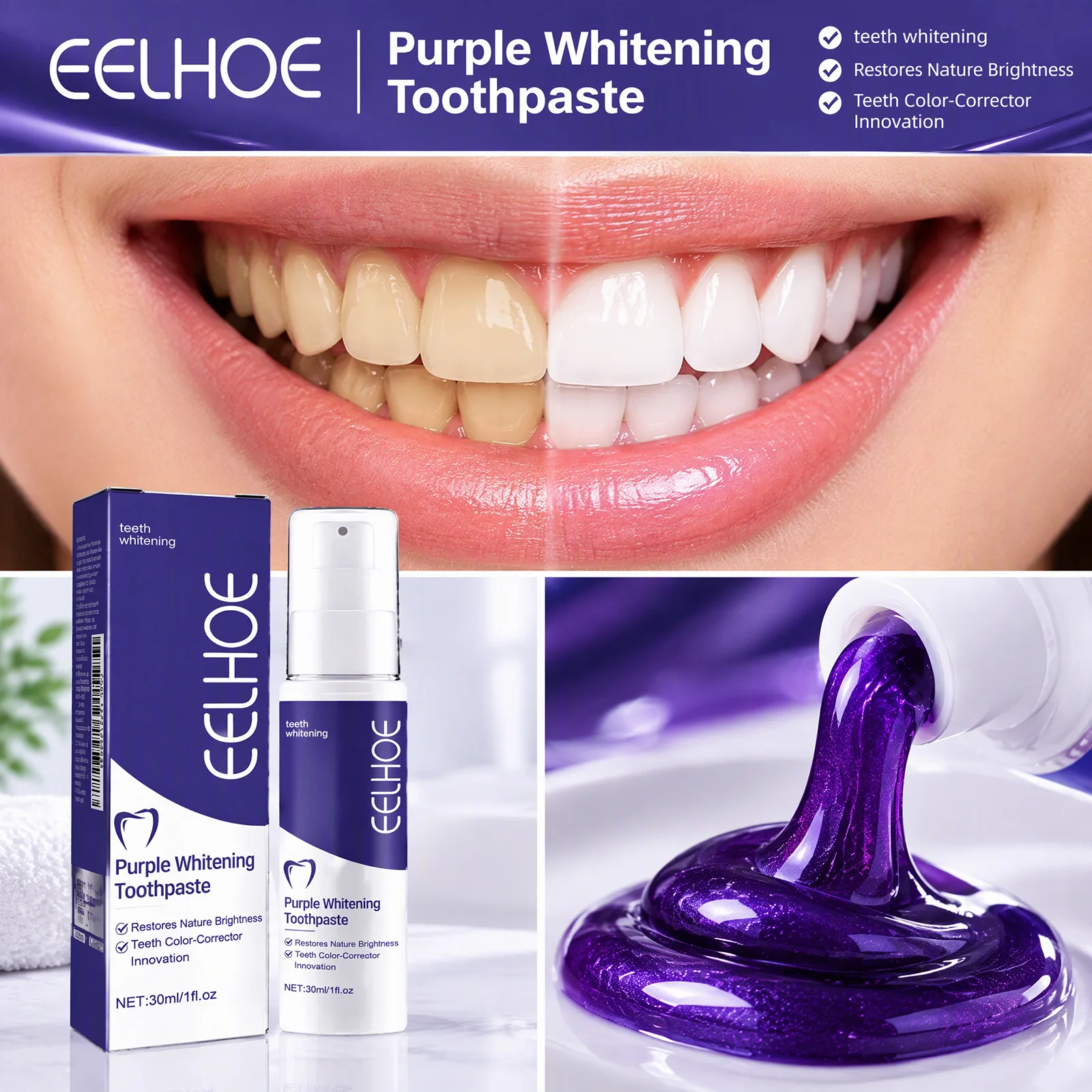 1/4pcs Purple Whitening Toothpaste Color Corrector For Yellow Teeth Stain Remover Fresh Breath Deep Clean Travel Portable