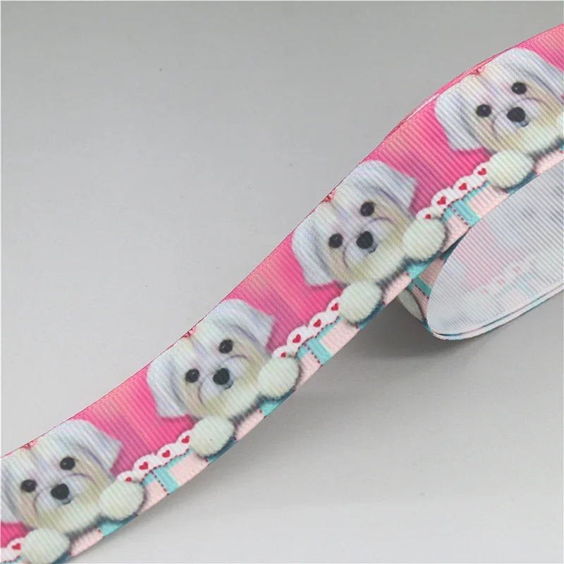 DHK 50yards Bichon Frise Poodle Dog Printed Grosgrain Ribbon Accessory Hairbow Headwear Decoration DIY Wholesale OEM S1643