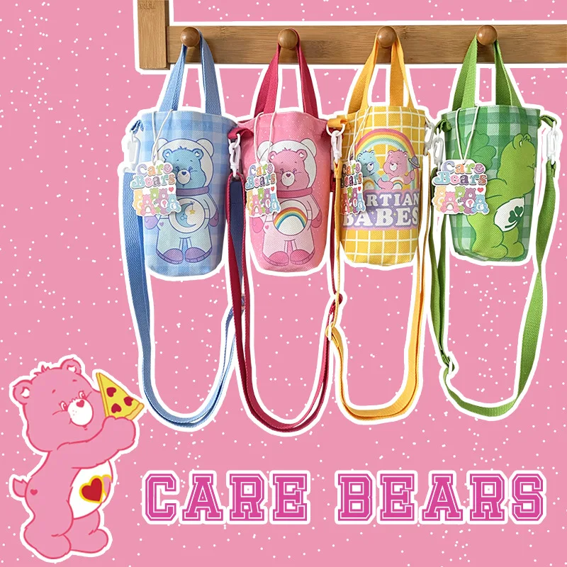 Kawaii Care Bear Water Bottle Bag Cartoon Cute Ladies Canvas Bag Large Capacity Shoulder Handbag Mobile Phone Bag Cosmetic Bag