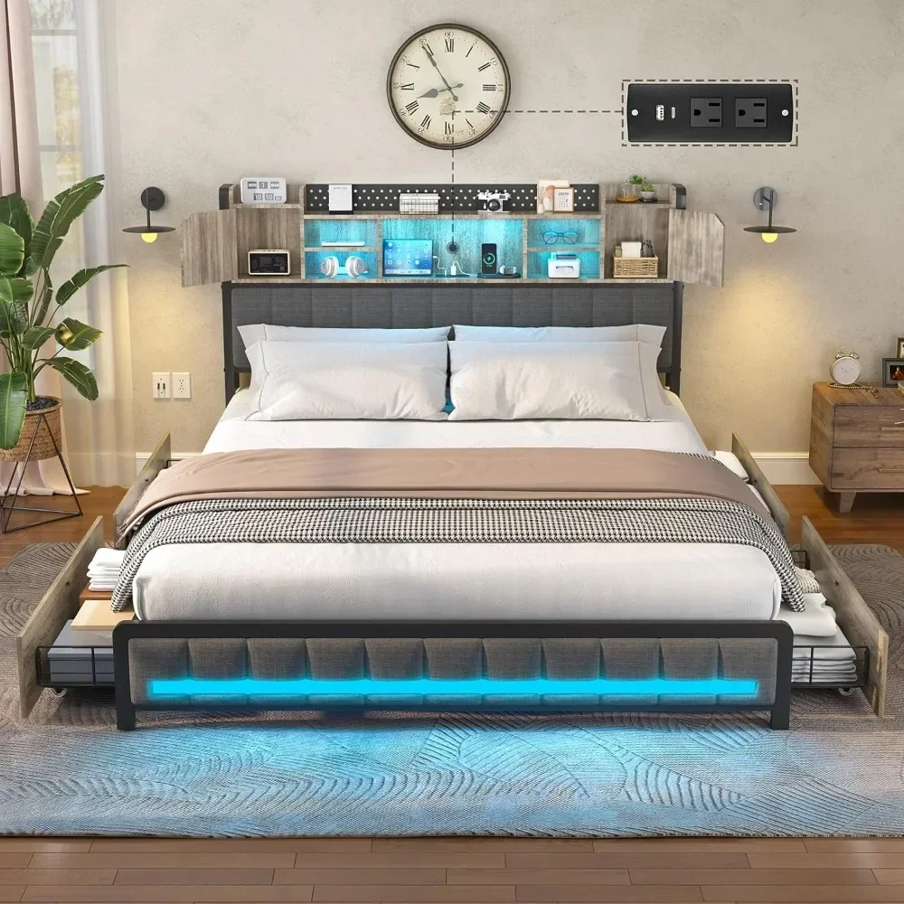 

Full Bed Frame, Upholstered Bed Full Size with USB Charging Station & LED Lights, with 4 Storage Drawers and Bookcase Headboard
