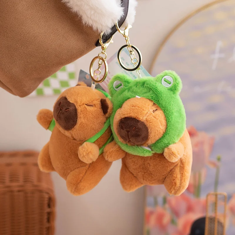 12Cm Kawaii Plushies Sleutelhanger Mini Schattige Capibara Pluche Speelgoed Stawberry Kikker Verjaardagshoed Capybara Knuffel Dier Cadeau Voor Meisje