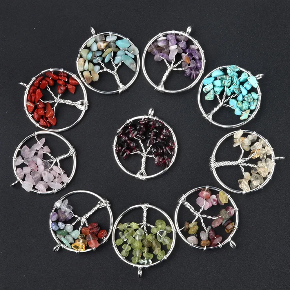 2pcs/Set 30mm Natural Stone Crystal Pendant Tree of Life Chakra Pendulum Charms for Jewelry Making Necklace Earrings Accessories