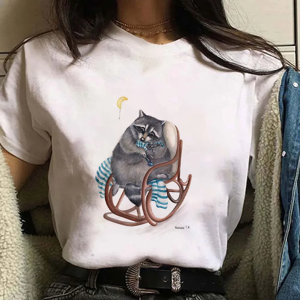 Summer Loose Comfortable Round Neck Short Sleeve Cartoon Raccoon Print White T-shirt Casual Fashion High Quality Women's T-shirt