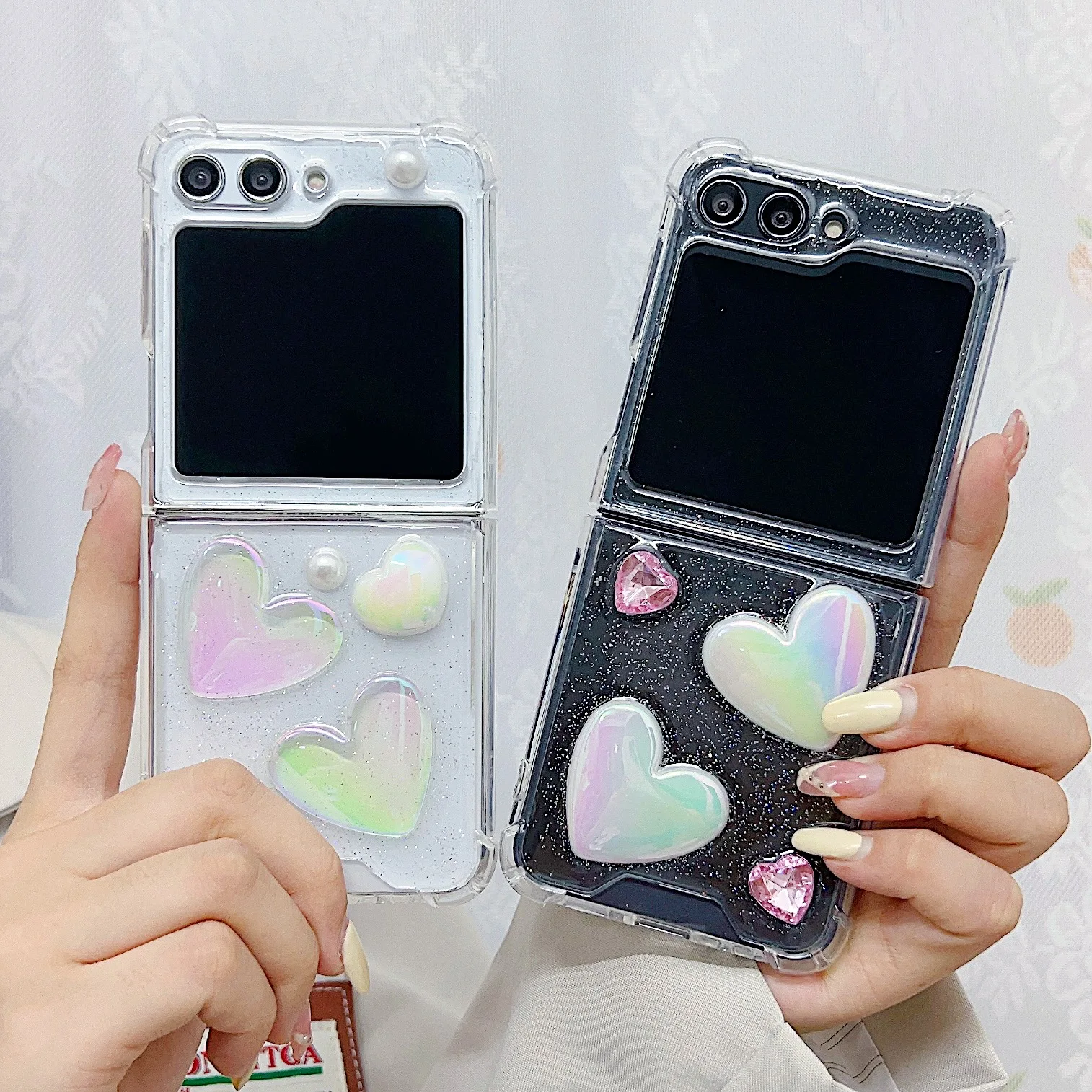 

Bling Glitter Epoxy Clear TPU Phone Case for Samsung Galaxy Z Flip 6 5 4 3 Flip5 Flip4 3D Gradient Love Heart Armor Soft Cover