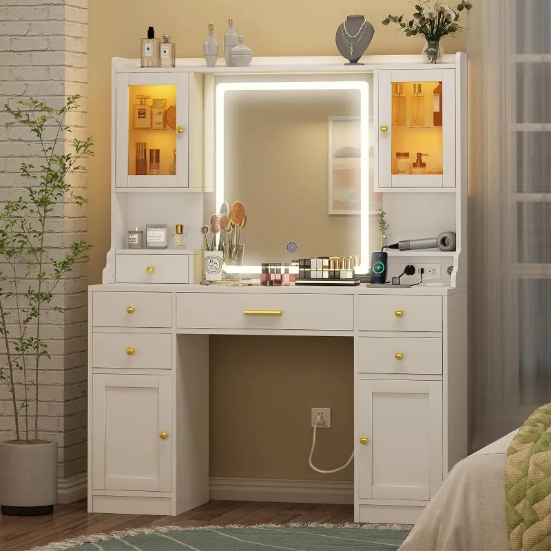 Large Make up Vanity Desk with Mirror and Lights,3 Lights Mode and Brightness Adjusted by key, Built-in Power Strip