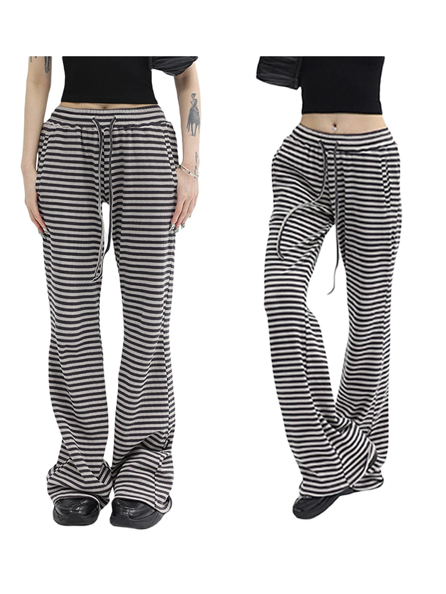 Women Drawstring Straight Leg Pants Vintage Low Rise Striped Print Knitted Lounge Pants