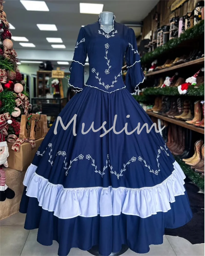 Mexican Navy Embroidery Evening Dress Jalisco Long Sleeve Carnival Women's Prom Dress 2025 Caucasian Birthday Formal Customized