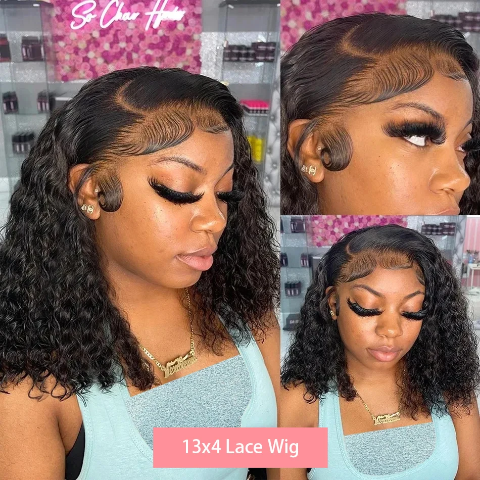 Perruque Bob Lace Closure Wig Brésilienne Remy Naturelle, Cheveux Courts Bouclés, 13x4, Pre-Plucked, 180% de Densité, pour Femme
