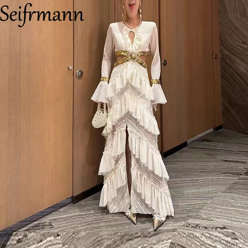 فستان استضافة مأدبة مسائية راقية من Seifrmann - فستان صيفي مطرز ومطرز بأكمام واسعة وشق وتصميم متعدد الطبقات