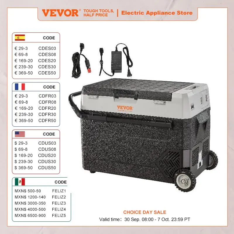 VEVOR 38L/53L Portable Car Refrigerator Freezer Electric Mini Fridge Ice Box with Wheels Compressor for Camping Outdoor Car Home