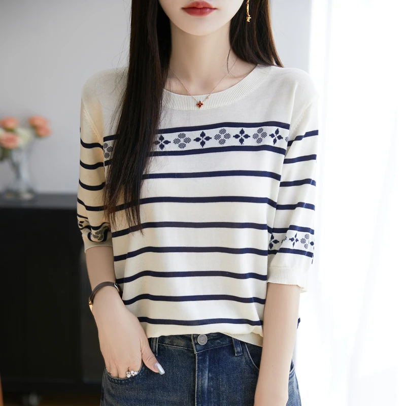 

Striped Laisel Tencel Short Sleeve T-shirt for Women, Summer Half Sleeve Loose Versatile Knitted Shirt, Jacquard Round Neck Top