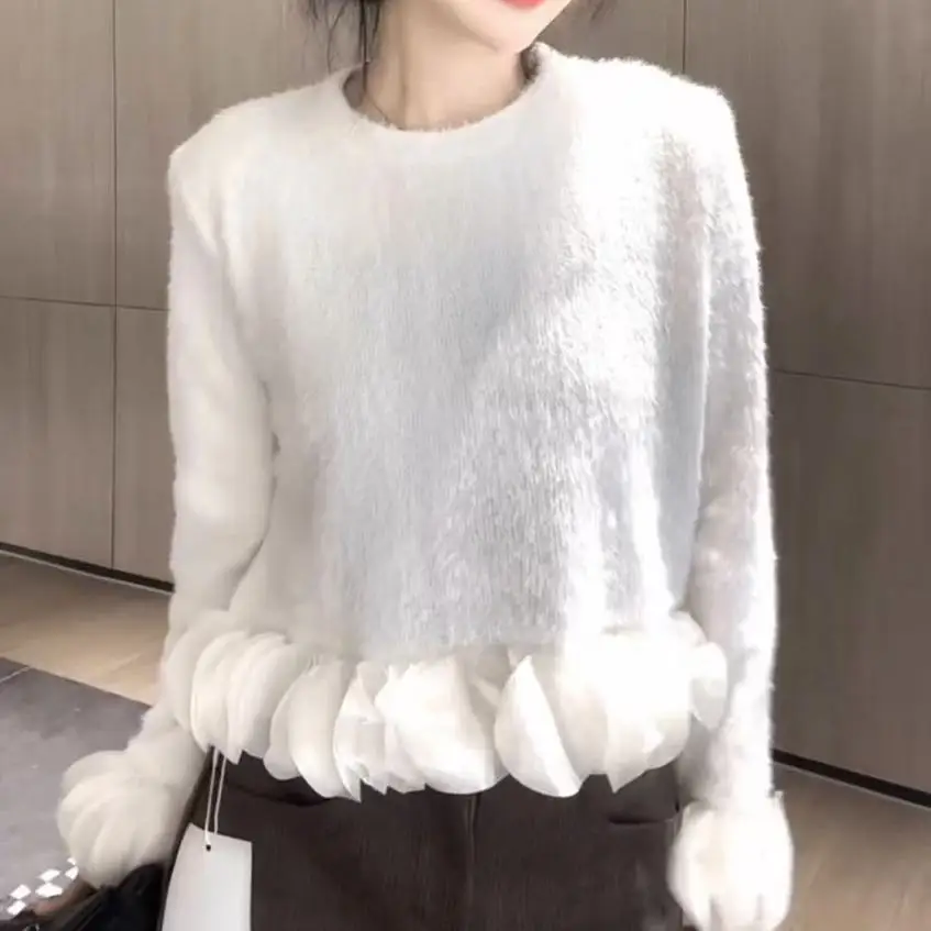 

Осенний новый милый универсальный лоскутный свитер с круглым вырезом и лепестками, женский вязаный базовый топ