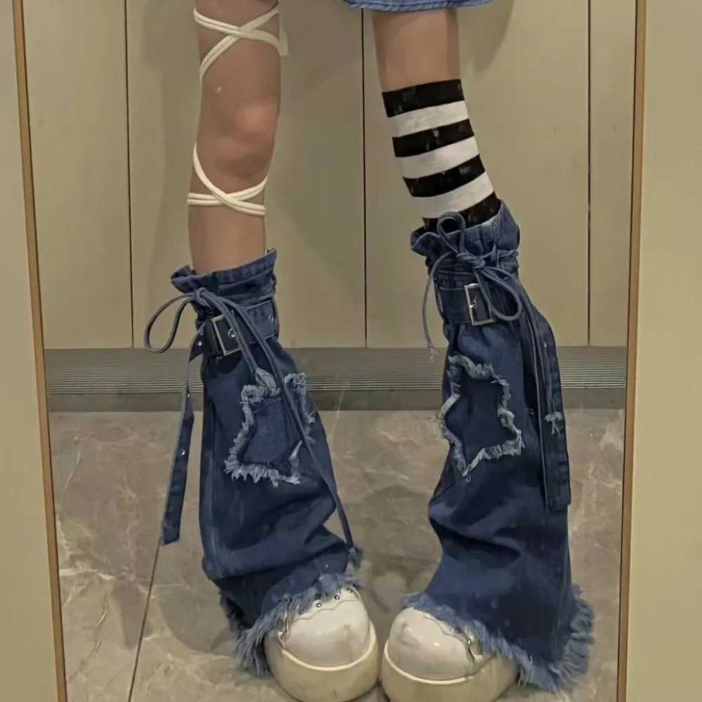 Japanese JK Lolita Y2K Denim Leg Warmers Stars Drawstring Cross Trumpet Leg Covers Pile Up Socks Denim Cloth Long Stockings