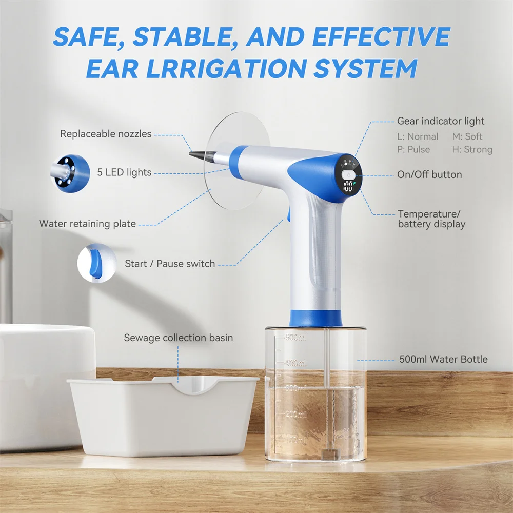 Ear Cleaning Kit Water Powered Ear Cleaner with 4 Pressure Modes 11 Replacement Tips Ear Irrigation Flushing System with 5 LED