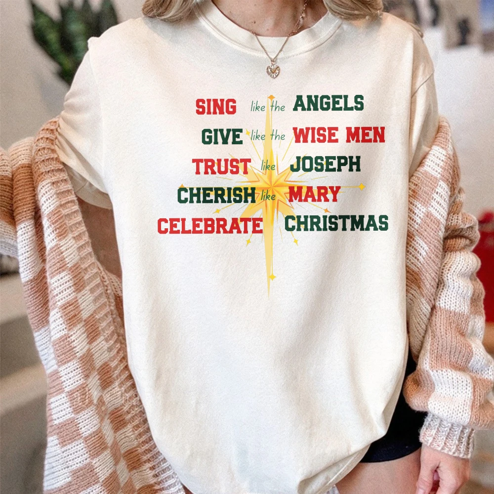 Christian Christmas Tshirt Faith Word Art Holiday Tops Sing Give Trust Cherish Celebrate Print Tee Religious Jesus Nativity Gift