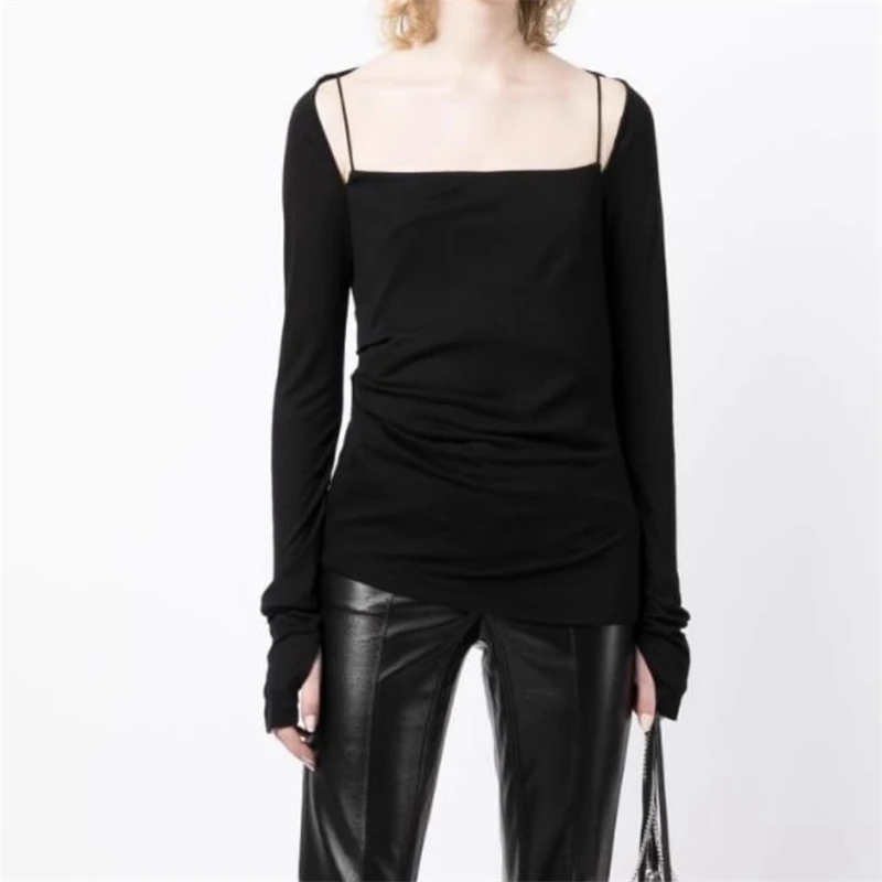 

Весна2026, женская эластичная облегающая футболка на одно плечо с длинными рукавами, Y2K FashionSexyHanging Shoulder Base, майка, рубашка с открытой спиной