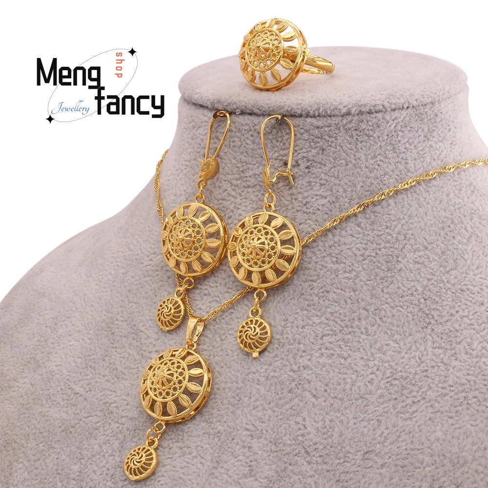 Vietnamese Sand Gold Jewellery SetSaudi Bridal Necklace Bracelet Earrings Ring Exquisite Fashion Luxury Jewelry Wedding Souvenir