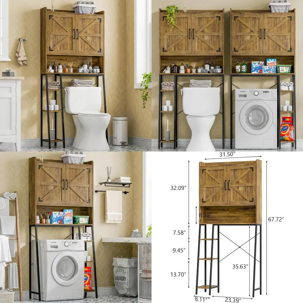 

Шкаф для хранения над унитазом в деревенском стиле с дверцами в стиле сарая и подставкой для рулонов салфеток для оптимизации домашнего пространства