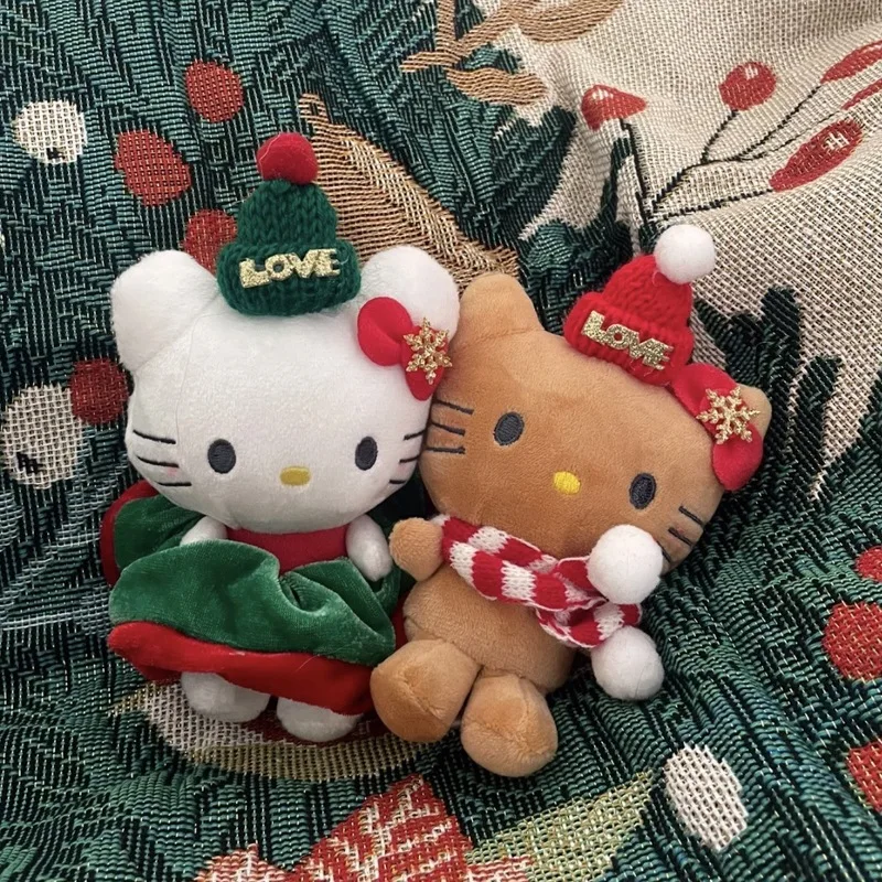 Porte-clés en peluche chaton mignon, rouge vert, Style de noël, poupée en peluche, sac à dos, chaîne suspendue, décoration d'ambiance de noël, cadeau