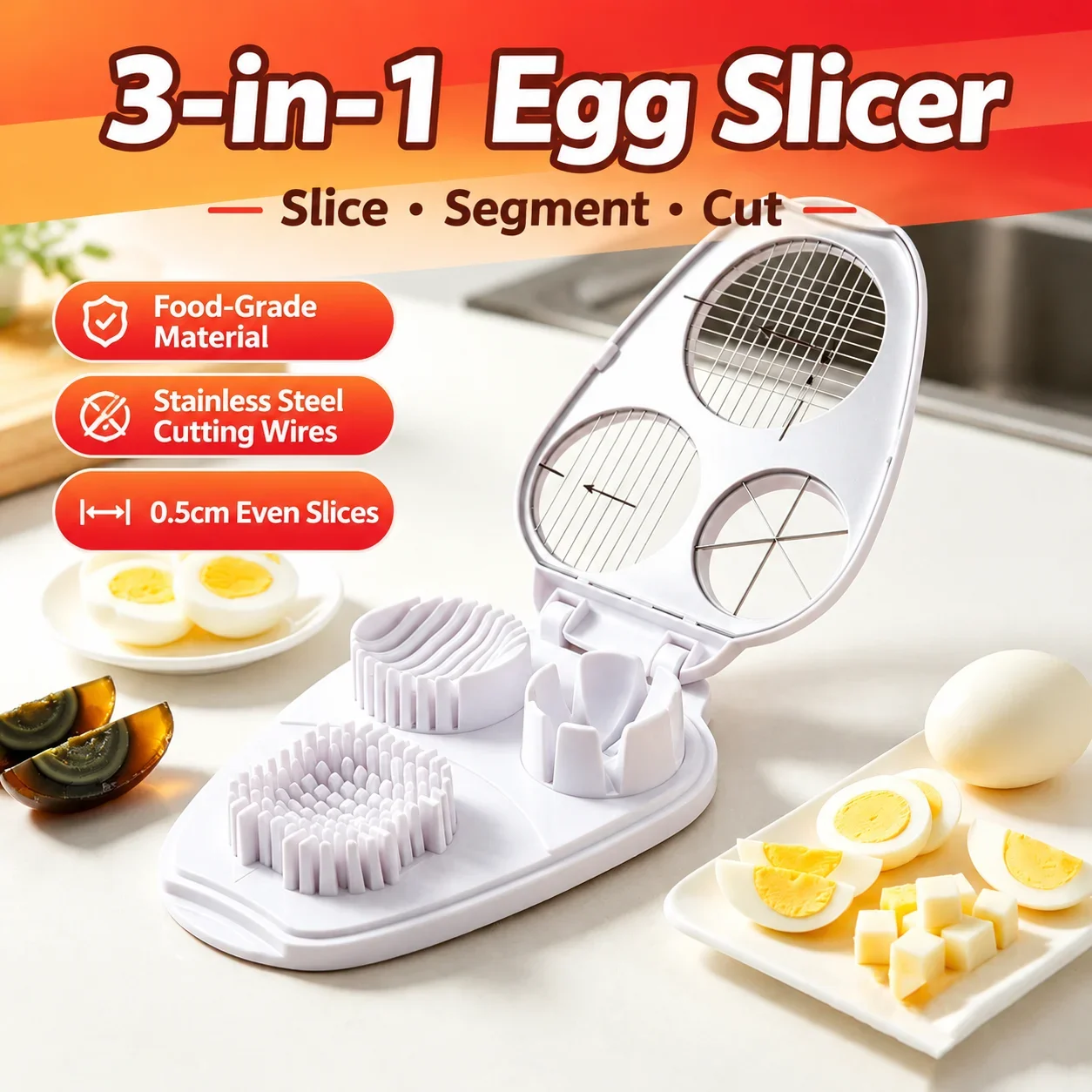 304 Stainless Steel Egg Slicer 3in1 Egg Cutter For Wedges Crushing Decorative Slicing Fruit Vegetable Slicers Kitchen Tools