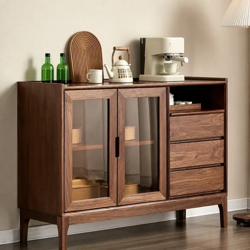Modern Walnut Color Solid Wood Sideboard Multi Functional Storage Cabinet for Kitchen Living Room Wall Mounted Tea Locker