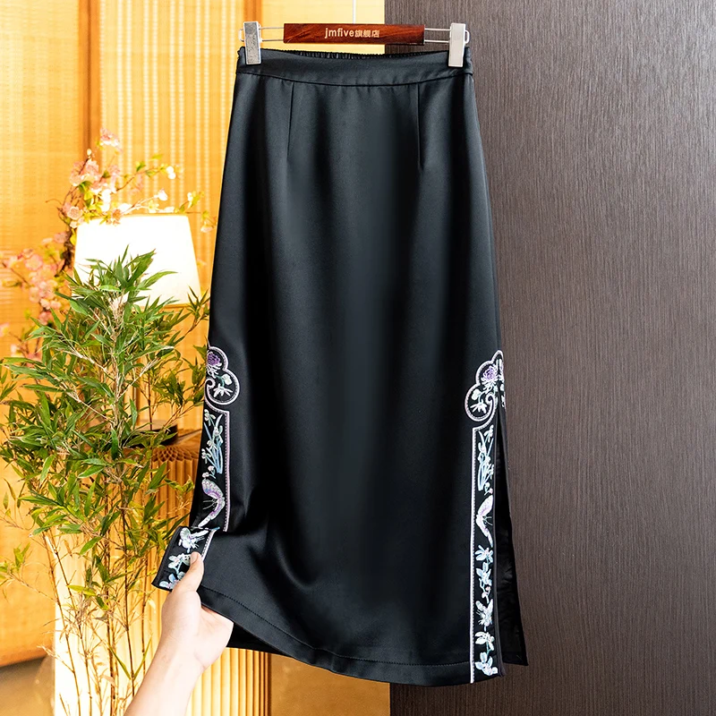 New Chinese-Style Acetate Embroidered Half-Skirt for Women, 2026 Autumn New High-Waisted Slimming Versatile Slit Pencil Skirt for Women