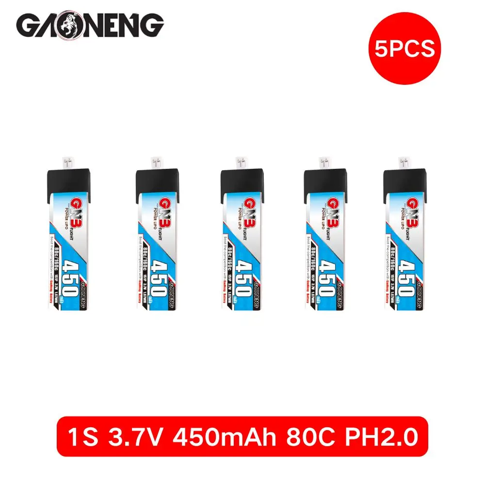GAONENG GNB 1S 3,7 V 450 mAh 80C Lithiumbatterie mit PH2.0-Anschluss, geeignet für FPV-Drohnen und Quadrocopter.